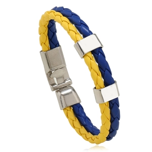 Bracelet Minimaliste Couleurs Drapeau Ukraine Bleu Jaune en Similicuir Tressé Unisexe Avec Fermoir Géométrique en Alliage