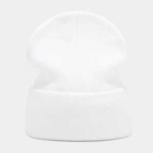Close-up of white ribbed knit beanie detail showing soft texture and premium stitching