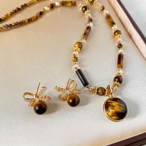 Tiger Eye jewelry set with vintage necklace and bow earrings in a silk lined luxury gift box