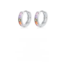 Detail of s925 silver hoop earrings with rainbow colored square zircons and engraving