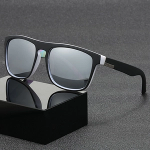 Polarized sunglasses with black and white frame and silver mirrored lenses for outdoors