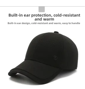 Close-up of winter wool baseball cap with built-in ear flaps and warm twill texture