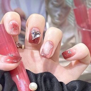 Wine Red Pink Gradient Press On Nails With Sweet Heart Rhinestone Decor Handmade Elegant False Nail For Women Daily Fashion