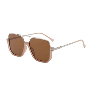 Retro oversized square sunglasses with light coffee lenses and flesh pink metal frames