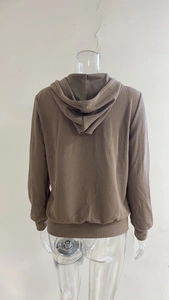 Vista posteriore della felpa con cappuccio e zip marrone scuro da donna su manichino trasparente