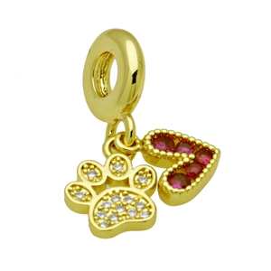 Golden heart and paw print charm pendant with sparkling red and clear zircons for bracelet