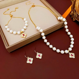 Elegant Four Leaf Clover Necklace Bracelet Earrings With Imitation Artificial Pearl Alloy Red Gemstone Jewelry For Women