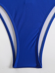 Detail of royal blue swimsuit gusset with white mesh lining and reinforced stitching