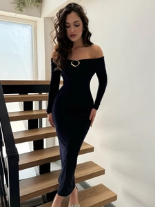 Elegant black off-shoulder long sleeve dress with gold metal ring detail for women