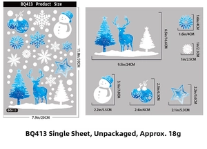 Detailed size chart for Christmas window stickers with tree, reindeer and snowflake dimensions