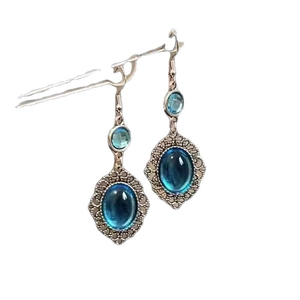 Vintage style oval blue resin drop earrings with intricate hollow silver filigree