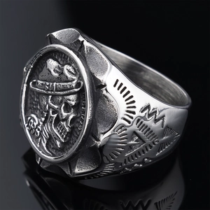 Retro punk skull ring in antique silver finish for men, showing a detailed front view