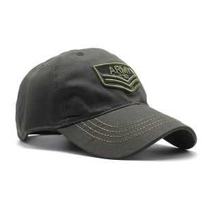 Detailed side view of dark army green cotton baseball cap featuring ARMY embroidery
