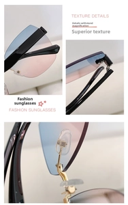 Detail of blue-pink gradient lenses, metal hinges and silicone nose pads on rimless sunglasses