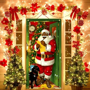 Festive Christmas Door Cover Polyester Black Santa Claus Print Outdoor Banner For Yard Entrance Hanging Holiday Decor