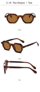 Three-way view of polygonal tea-colored sunglasses showing front and side angles