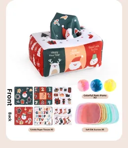 Christmas tissue box toy set with 14 accessories including scarves and crinkle paper