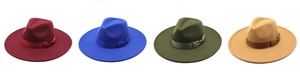Flat lay of four wool felt fedora hats in burgundy blue army green and camel tones