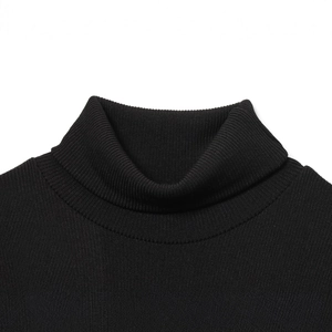 Elegant black turtleneck knit dress with vertical ribbed texture on white background