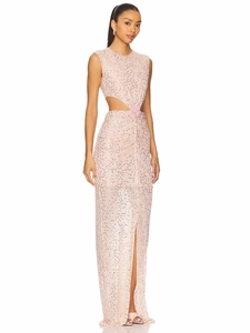 Robe maxi rose à paillettes sans manches avec découpe à la taille et fleur 3D