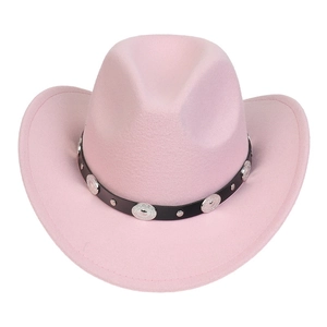Close-up of pink felt cowboy hat featuring black faux leather band with silver metal studs