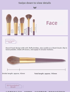 Detailed specs of soft synthetic powder brush with purple handle and gold ferrule details