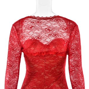 Rear view of red lace long sleeve top showing intricate see-through floral patterns