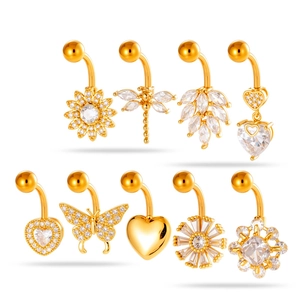 Zircon Heart Butterfly Flower Belly Button Rings Stainless Steel Rod Copper Inlaid Body Piercing Jewelry For Women Elegant