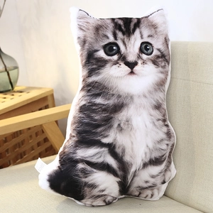 Detailed view of cat printed plush pillow with green eyes on a beige sofa