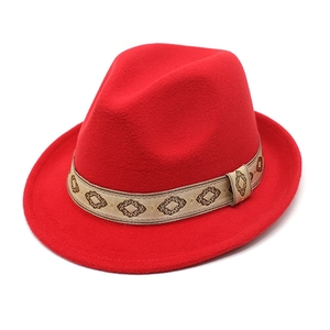 Vintage Woolen Felt Fedora Hat With Ethnic Embroidered Geometric Band Retro Wide Brim Jazz Cap For Women And Men