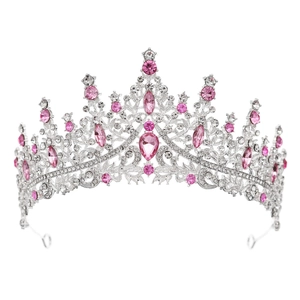 Close-up of silver crown featuring pink crystals and shimmering rhinestones