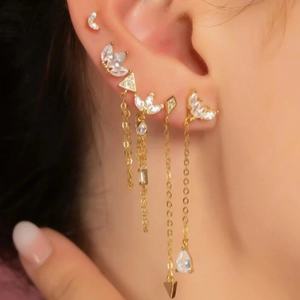 Elegant gold S925 silver needle drop earrings with sparkling marquise zirconia tassels