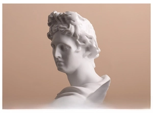 Detailed view of classical male bust sculpture with fine hair texture and sharp facial features