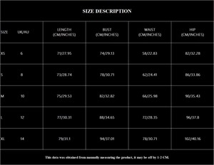 Size chart detail for sky blue sequin strapless V-neck party dress with measurement data