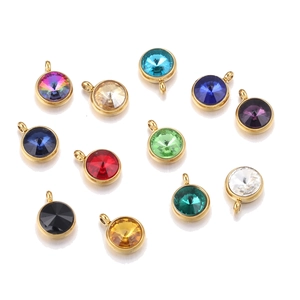 Golden 10mm stainless steel birthstone charms with colorful multifaceted crystals