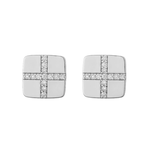 Detailed macro shot of square silver stud earrings featuring cross-set zircon stones