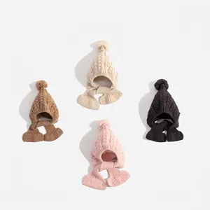 Kids Winter Integrated Hat Scarf Set Cable Knit Fleece Lined Warm Beanie For Toddler Boys Girls Ear Protection Cap Outdoor