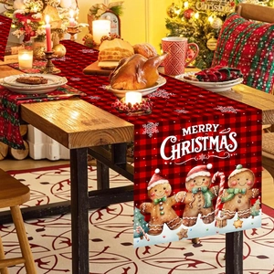 Red and black buffalo plaid Christmas table runner with gingerbread man pattern