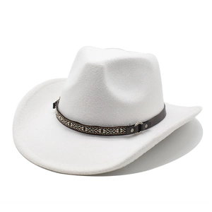 White felt western cowboy hat with brown ethnic woven band and metal ring buckle