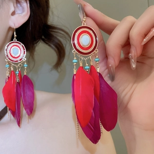Macro detail of Bohemian feather earrings featuring red enamel and turquoise beads