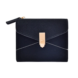 Short black litchi leather wallet with gold buckle and white contrast stitching detail