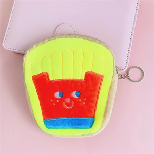 Close-up of french fries plush coin purse with cartoon face and silver keychain