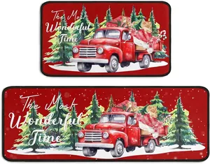 Christmas kitchen rug set featuring red trucks and trees with non-slip backing details