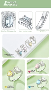 Macro detail of emerald and heart cut moissanite stones set in S925 silver rings