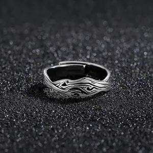Retro Thai silver style adjustable open ring with vintage wave patterns for men