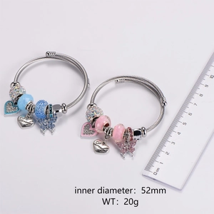 Stainless Steel Charm Bracelet With Heart Butterfly Pendant Rhinestone Crystal Beads Adjustable Wire Bangle For Women