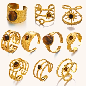 Bohemian gold stainless steel tiger eye ring set with nine adjustable vintage designs