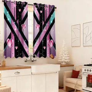 3D purple and green striped blackout curtains with pink hearts and metal grommets