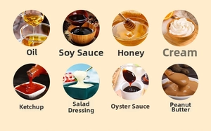 Detail showing squeeze bottle versatility for oil, honey, ketchup, and thick sauces
