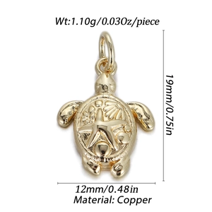 Detailed view of 19mm gold sea turtle pendant with starfish relief and copper material specs